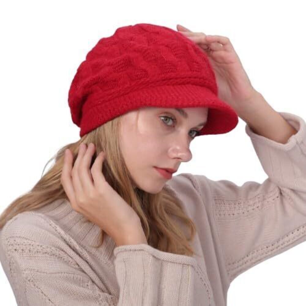 9889 Winter Knitted Hat, Soft Stretchy Lining Beanie with Visor Brim